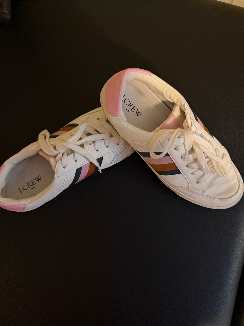 J.Crew Road Trip Canvas Sneakers – White with Pastel Rainbow Stripes & Pink Hee